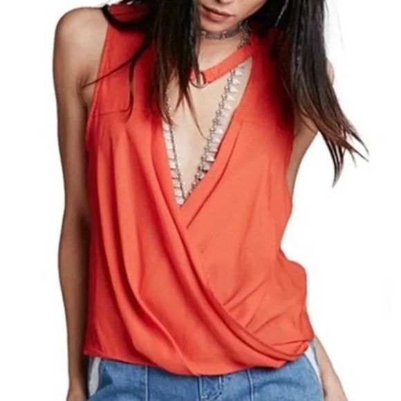 Free People Tops - EUC. ✵☽Free People☾✵ Orange <So Fine> Surplice Choker Sleeveless Blouse Top | XS
